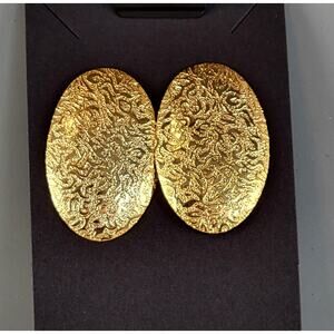 Gold Oval Pierced Earrings Embossed Metal 1.56"x0.94" Unbranded Vintage Retro